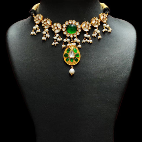 Jadau Kundan Pearl Bridal Choker Necklace, Silver 925 Gold plated Kundan Necklace with white and green kundan stones, South Indian Jewels
